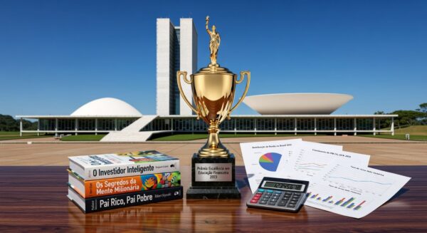 Troféu de ouro da Olimpíada de Educação Financeira sobre mesa com livros e gráficos, ao fundo Congresso Nacional em Brasília, Distrito Federal.
