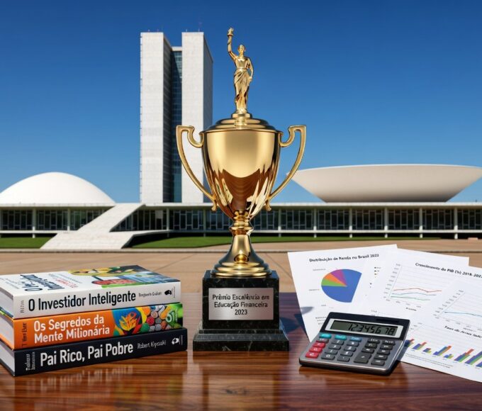 Troféu de ouro da Olimpíada de Educação Financeira sobre mesa com livros e gráficos, ao fundo Congresso Nacional em Brasília, Distrito Federal.