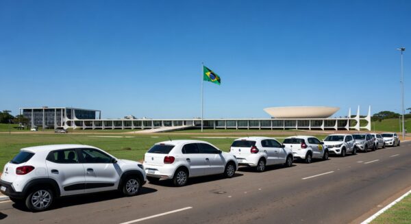 Carros de motoristas de app em fila na rua de Brasília, representando prazo para QR Code com pendências.
