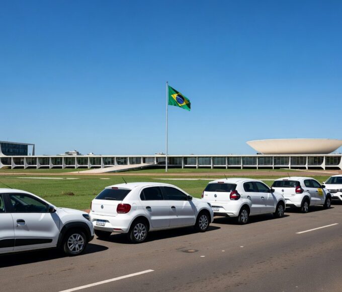 Carros de motoristas de app em fila na rua de Brasília, representando prazo para QR Code com pendências.