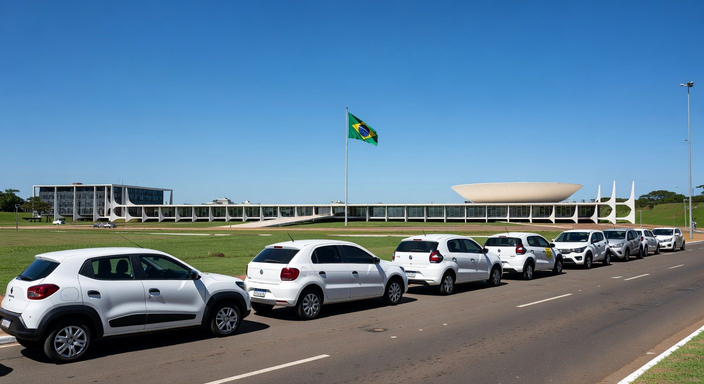 Carros de motoristas de app em fila na rua de Brasília, representando prazo para QR Code com pendências.