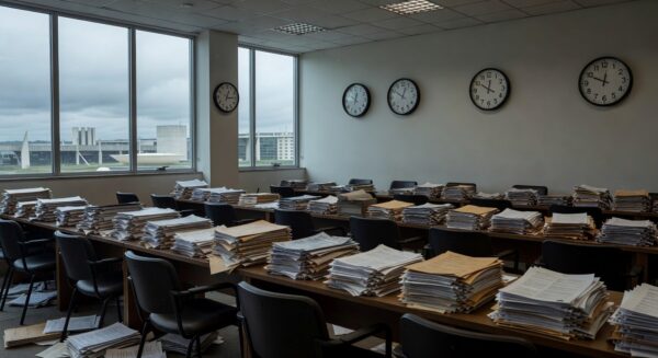 Edifício da CLDF em Brasília com tela de transmissão ao vivo com falhas, representando estagnação e falta de transparência.
