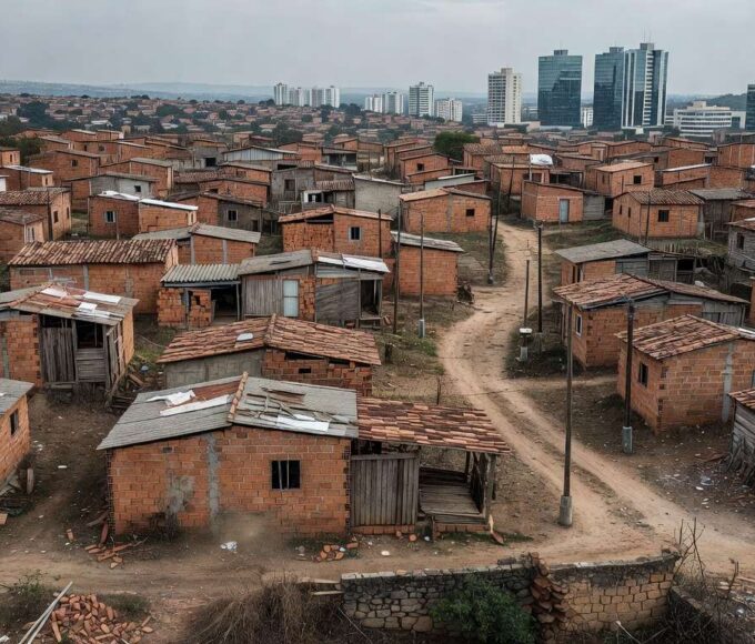 Moradias precárias em Recanto das Emas, Distrito Federal, expondo déficit habitacional crônico.