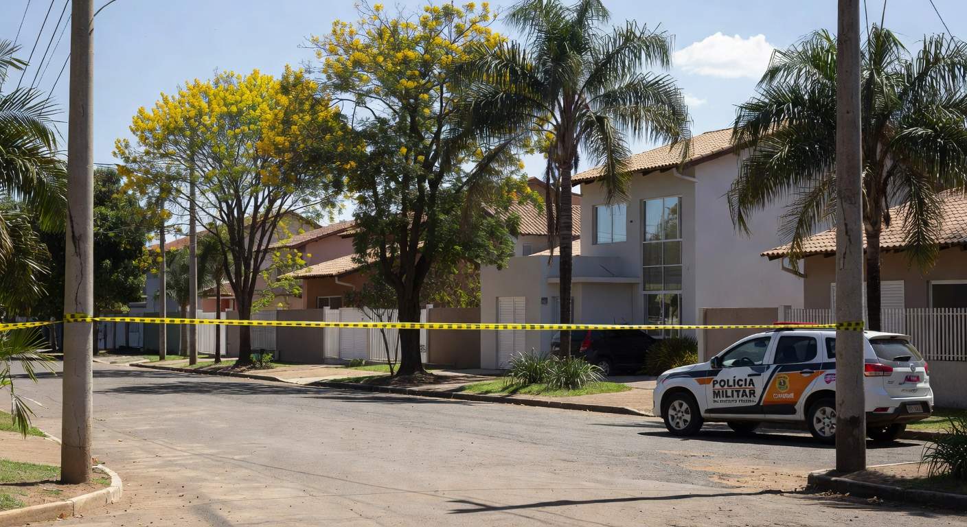 Cena de rua em Gama com fita de isolamento policial e viatura após incidente de esfaqueamento por discussão entre vizinhos.