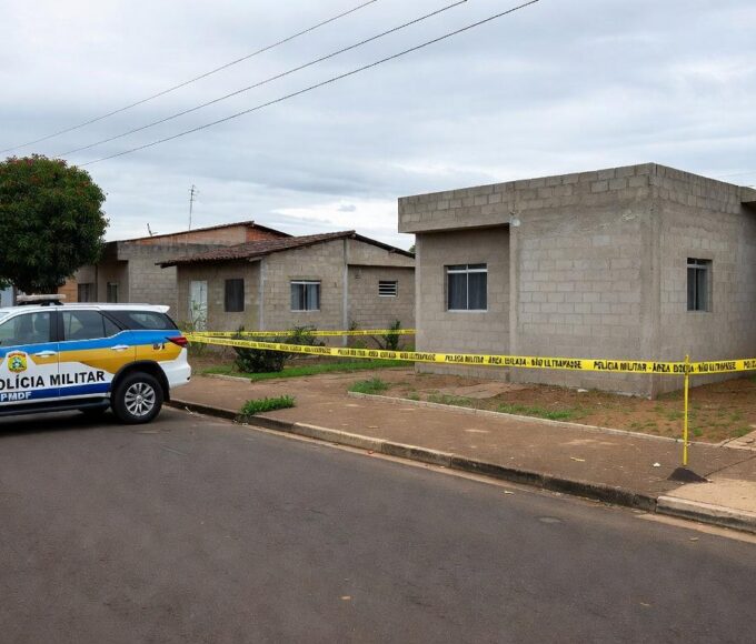 Viatura da Polícia Militar em rua residencial no Gama, Brasília, com fita de isolamento em cena de crime.
