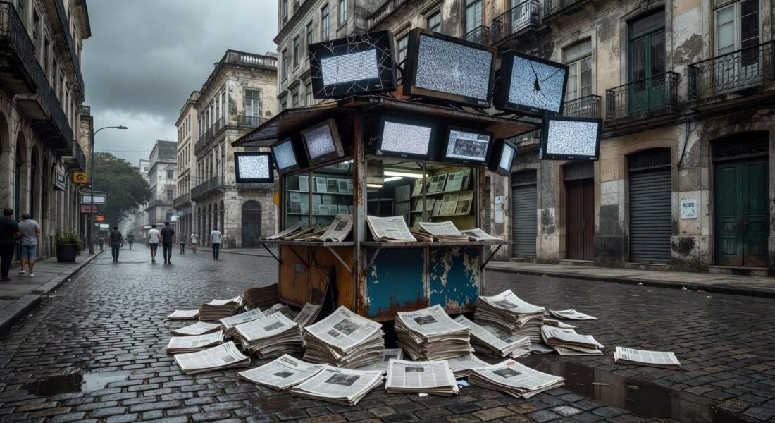 Redação de jornal vazia em São Paulo, representando paralisia do jornalismo e desinformação em 2026.