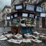 Redação de jornal vazia em São Paulo, representando paralisia do jornalismo e desinformação em 2026.