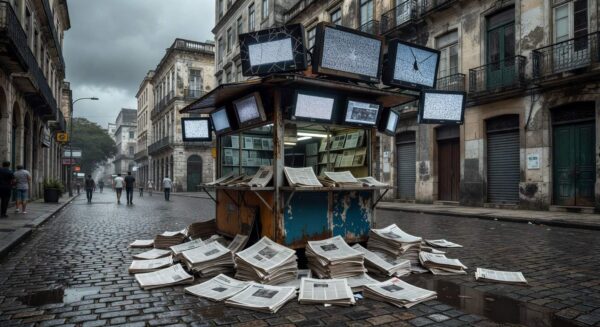 Redação de jornal vazia em São Paulo, representando paralisia do jornalismo e desinformação em 2026.