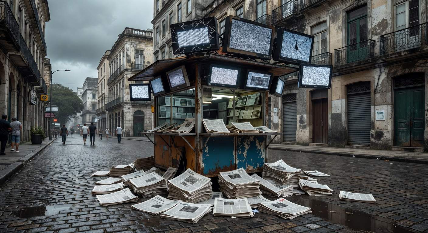 Redação de jornal vazia em São Paulo, representando paralisia do jornalismo e desinformação em 2026.