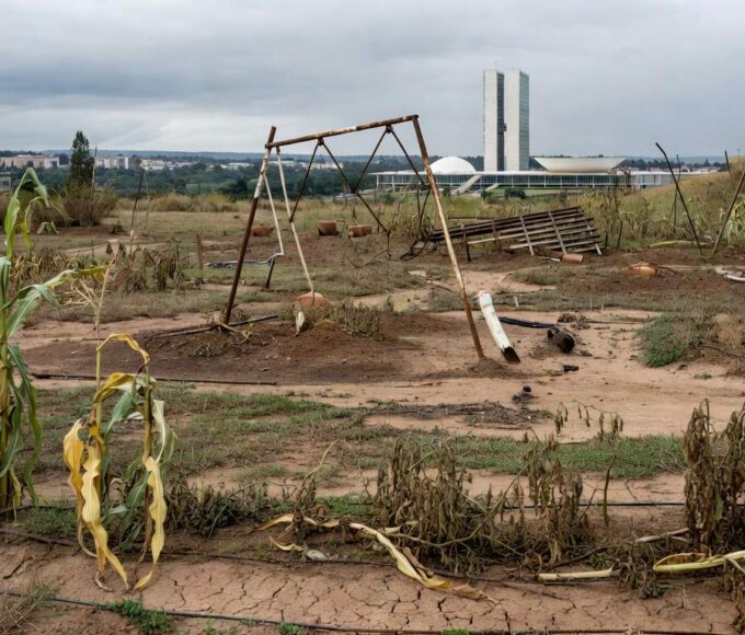 Horta urbana negligenciada no DF, com plantas secas e estruturas deterioradas em Brasília.