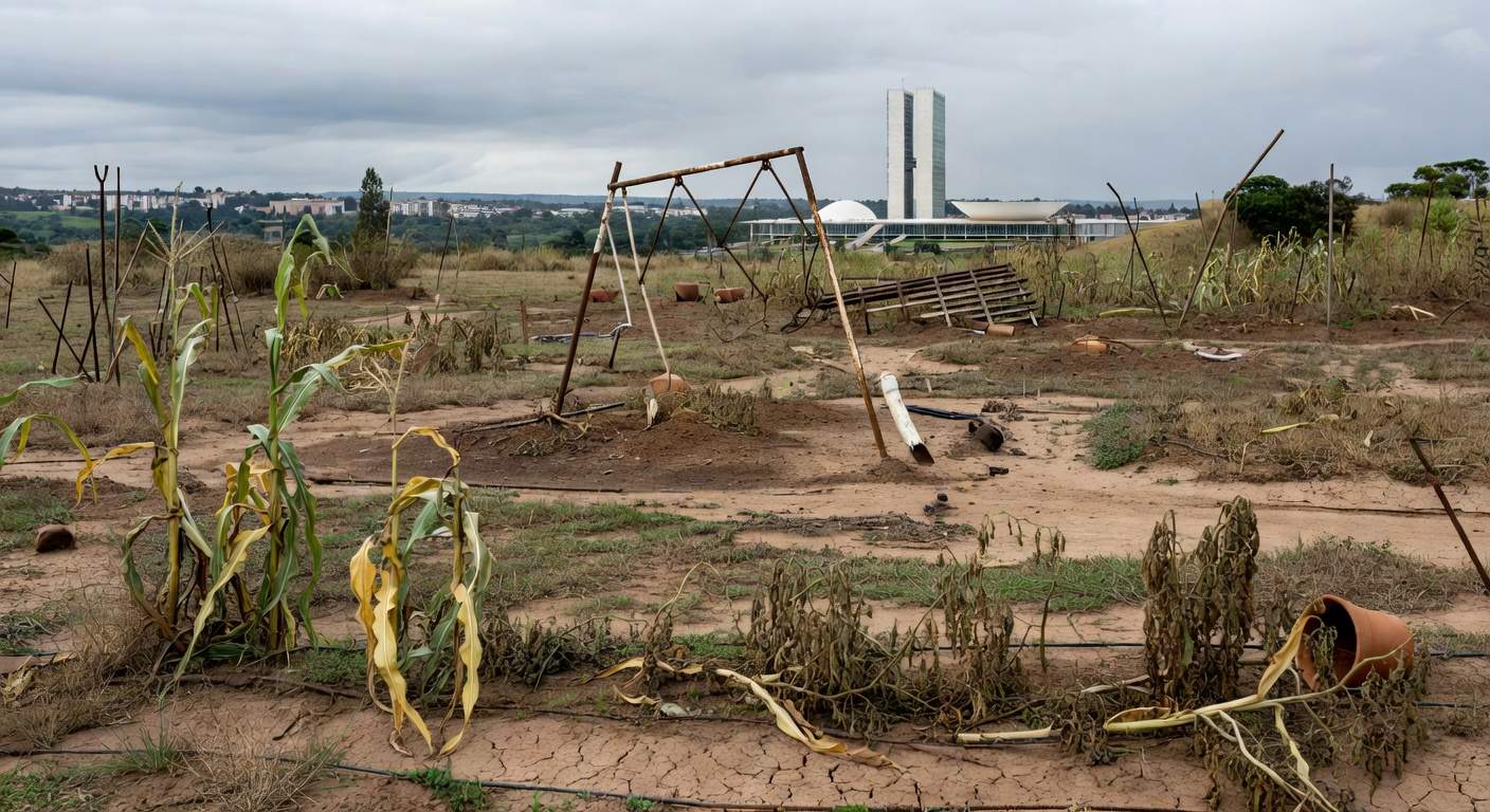 Horta urbana negligenciada no DF, com plantas secas e estruturas deterioradas em Brasília.