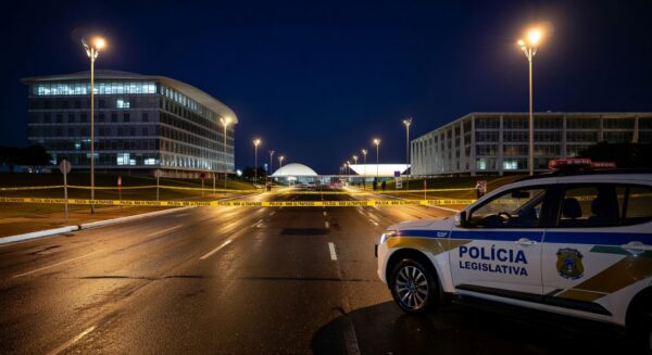 Viatura da polícia do DF perto de estádio olímpico em Brasília durante crise de segurança.