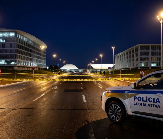 Viatura da polícia do DF perto de estádio olímpico em Brasília durante crise de segurança.