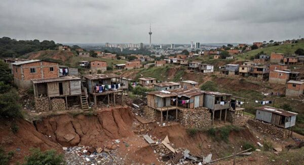 Vista de áreas de risco no Distrito Federal com encostas e construções precárias, afetando quase 3 mil pessoas.