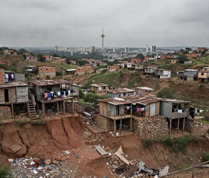 Vista de áreas de risco no Distrito Federal com encostas e construções precárias, afetando quase 3 mil pessoas.