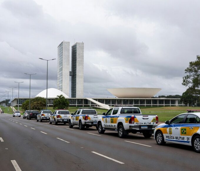 Viaturas da PMDF em operação no Distrito Federal, com arquitetura de Brasília ao fundo.