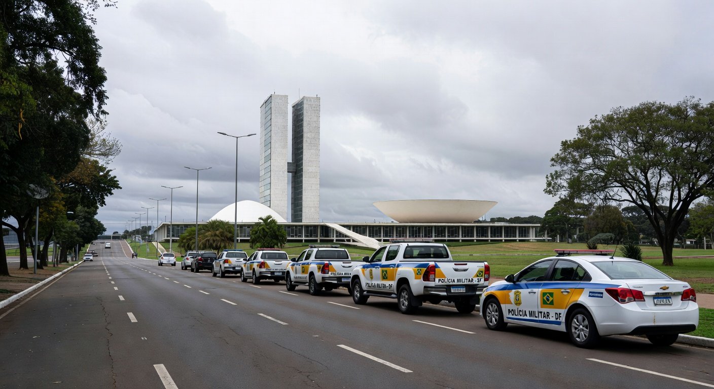 Viaturas da PMDF em operação no Distrito Federal, com arquitetura de Brasília ao fundo.
