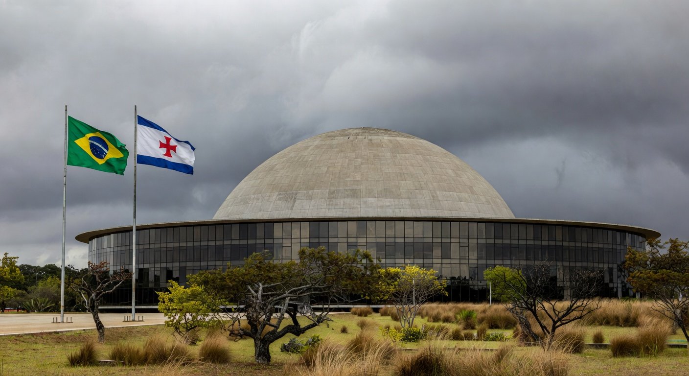 Documentos empoeirados em escritório governamental de Brasília, representando atrasos na regulamentação de lei contra supremacismo no DF.