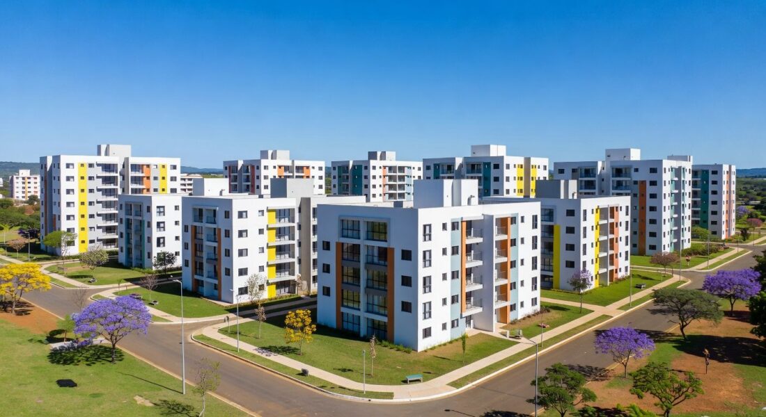Complexo de apartamentos no Itapoã Parque, Brasília, com prédios modernos e áreas verdes, representando entrega de moradias.