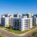 Complexo de apartamentos no Itapoã Parque, Brasília, com prédios modernos e áreas verdes, representando entrega de moradias.