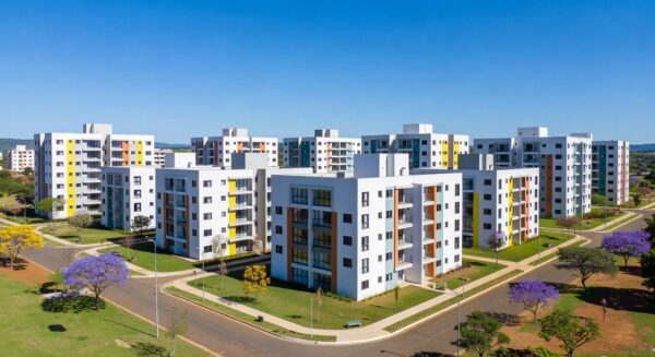 Complexo de apartamentos no Itapoã Parque, Brasília, com prédios modernos e áreas verdes, representando entrega de moradias.