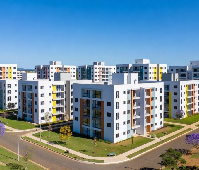 Complexo de apartamentos no Itapoã Parque, Brasília, com prédios modernos e áreas verdes, representando entrega de moradias.