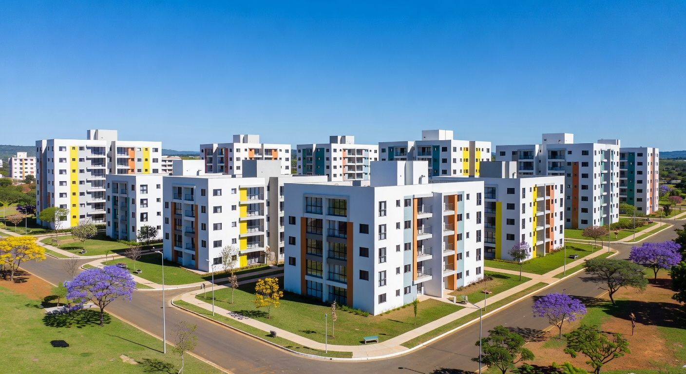 Complexo de apartamentos no Itapoã Parque, Brasília, com prédios modernos e áreas verdes, representando entrega de moradias.