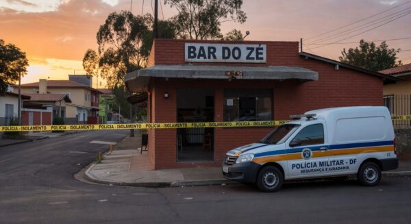 Cena de bar no Gama com fita de isolamento policial e viatura da PMDF após assassinato por discussão em conta.