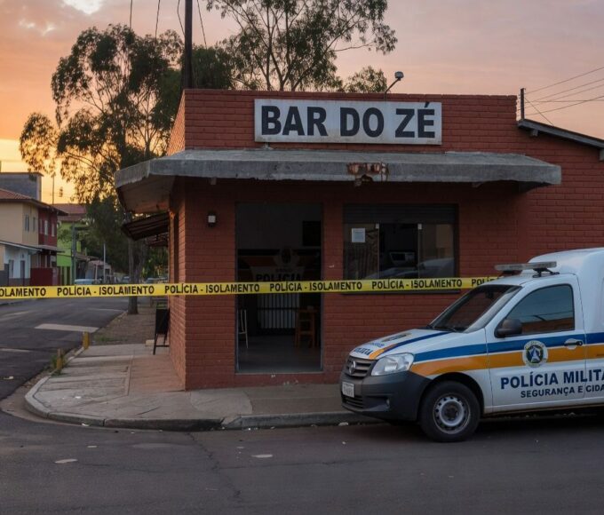 Cena de bar no Gama com fita de isolamento policial e viatura da PMDF após assassinato por discussão em conta.