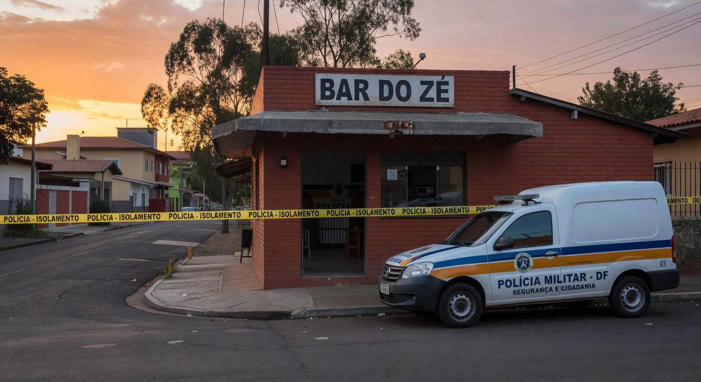 Cena de bar no Gama com fita de isolamento policial e viatura da PMDF após assassinato por discussão em conta.