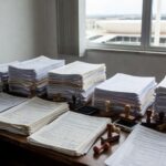 Mesa com pilhas de documentos burocráticos em escritório de Brasília, representando burocracia da Caesb no DF.