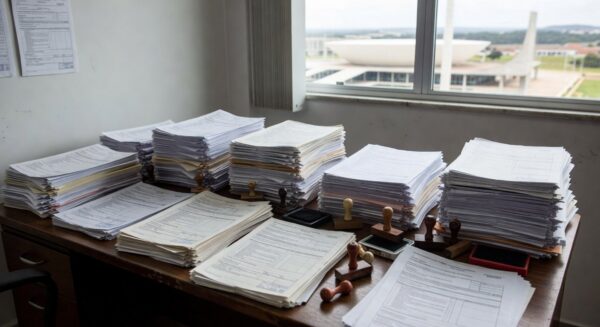 Mesa com pilhas de documentos burocráticos em escritório de Brasília, representando burocracia da Caesb no DF.