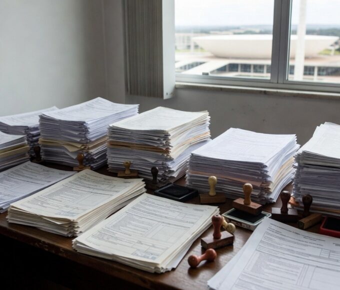 Mesa com pilhas de documentos burocráticos em escritório de Brasília, representando burocracia da Caesb no DF.