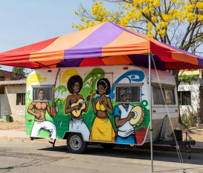 Hub cultural itinerante do Projeto Andanças inaugurado em rua de Ceilândia, com estrutura móvel e elementos artísticos brasileiros.