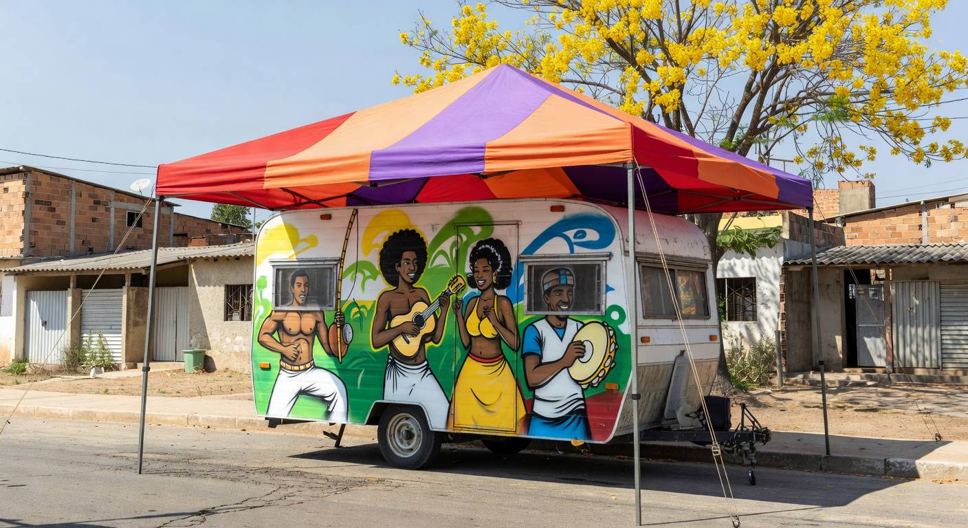 Hub cultural itinerante do Projeto Andanças inaugurado em rua de Ceilândia, com estrutura móvel e elementos artísticos brasileiros.