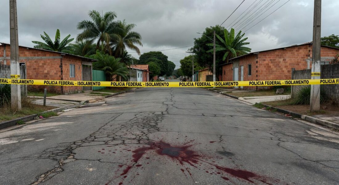 Cena de crime isolada em rua residencial no Gama, com fita policial e marcas no chão, representando denúncia por esfaqueamento.