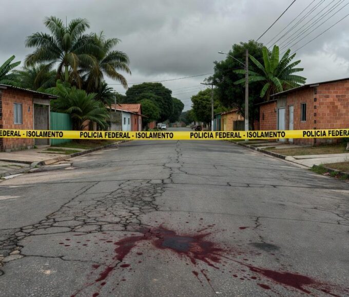 Cena de crime isolada em rua residencial no Gama, com fita policial e marcas no chão, representando denúncia por esfaqueamento.