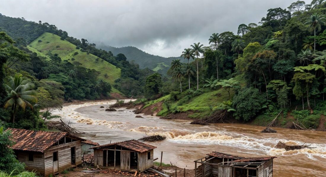 Paisagem da Zona da Mata Mineira com casas danificadas por tragédia, representando aprovação de auxílio para vítimas.