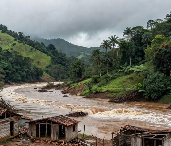 Paisagem da Zona da Mata Mineira com casas danificadas por tragédia, representando aprovação de auxílio para vítimas.
