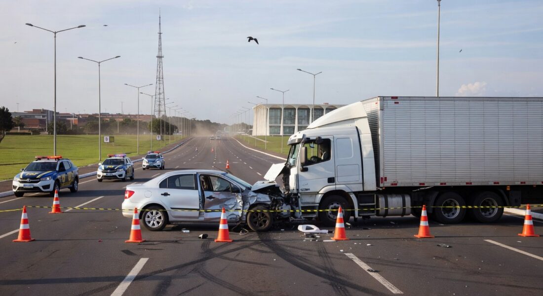Avenida movimentada em Brasília com veículos e sinalização de trânsito, ilustrando aumento de mortes no tráfego.