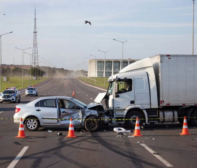 Avenida movimentada em Brasília com veículos e sinalização de trânsito, ilustrando aumento de mortes no tráfego.