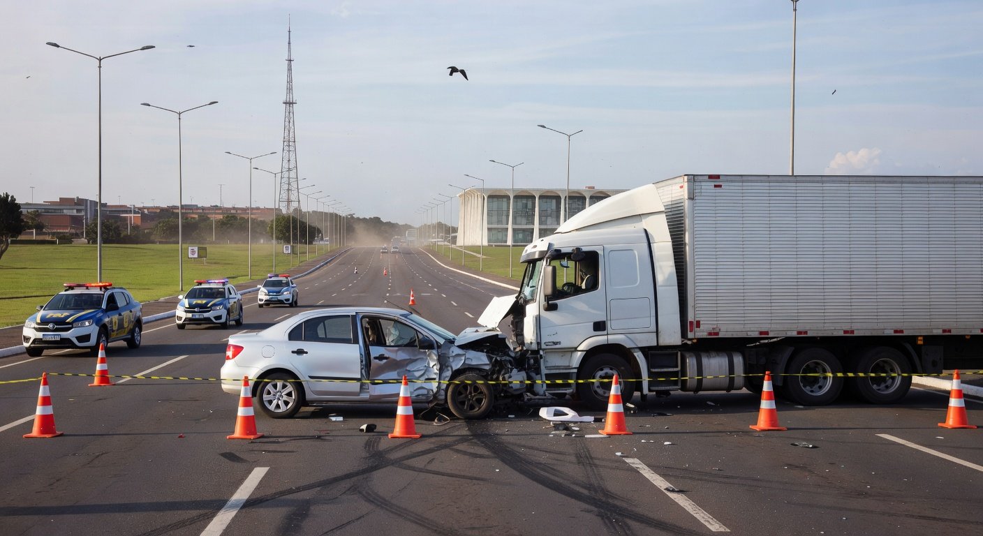 Avenida movimentada em Brasília com veículos e sinalização de trânsito, ilustrando aumento de mortes no tráfego.