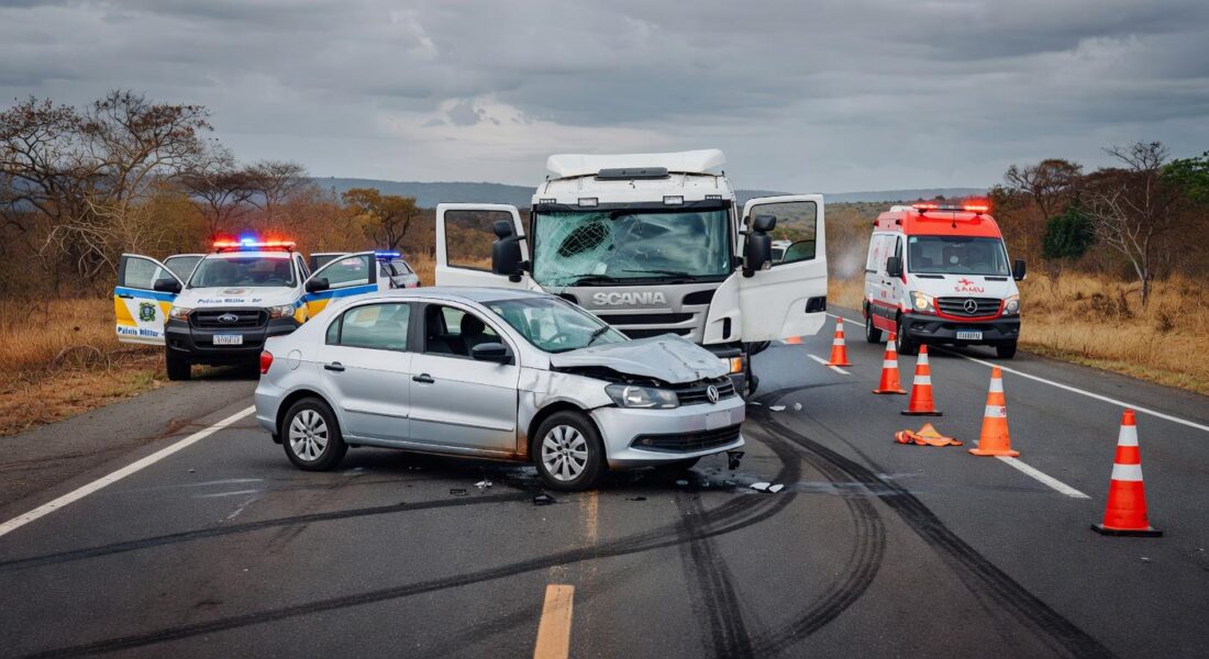 Acidente com quatro veículos na DF-150 em Sobradinho, com viaturas da polícia e destroços na rodovia.