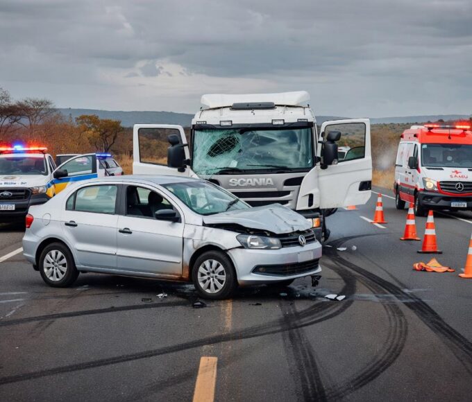 Acidente com quatro veículos na DF-150 em Sobradinho, com viaturas da polícia e destroços na rodovia.