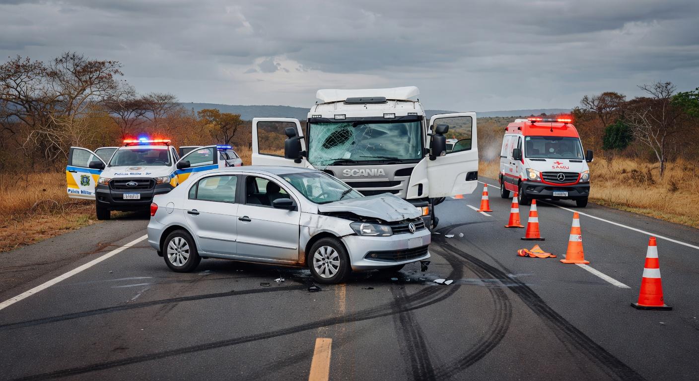 Acidente com quatro veículos na DF-150 em Sobradinho, com viaturas da polícia e destroços na rodovia.