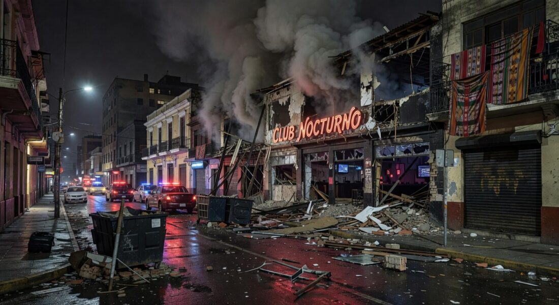 Boate em Lima, Peru, danificada por explosão, com destroços e fumaça, em cena noturna caótica.