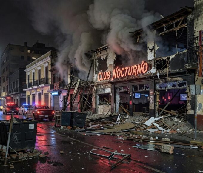 Boate em Lima, Peru, danificada por explosão, com destroços e fumaça, em cena noturna caótica.