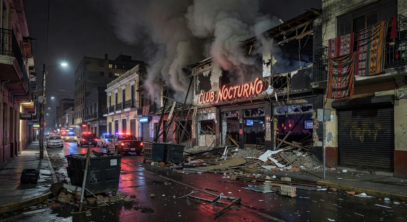 Boate em Lima, Peru, danificada por explosão, com destroços e fumaça, em cena noturna caótica.