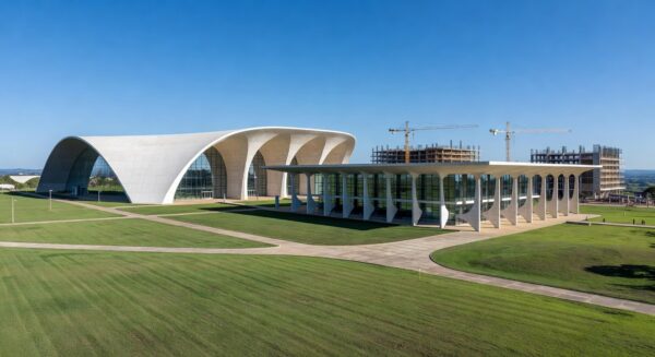 Campus universitário moderno em Brasília, representando o aumento de 77% em matrículas no ensino superior público do DF impulsionado pela UnDF.