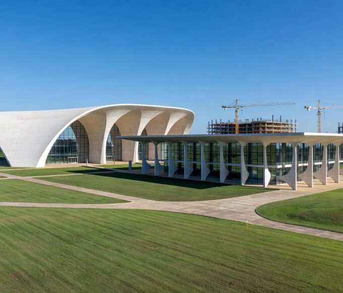 Campus universitário moderno em Brasília, representando o aumento de 77% em matrículas no ensino superior público do DF impulsionado pela UnDF.